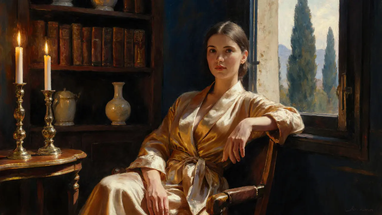 A serene figure sits in a private Roman salon, candlelight glinting on silk robes and vintage books, no face visible.