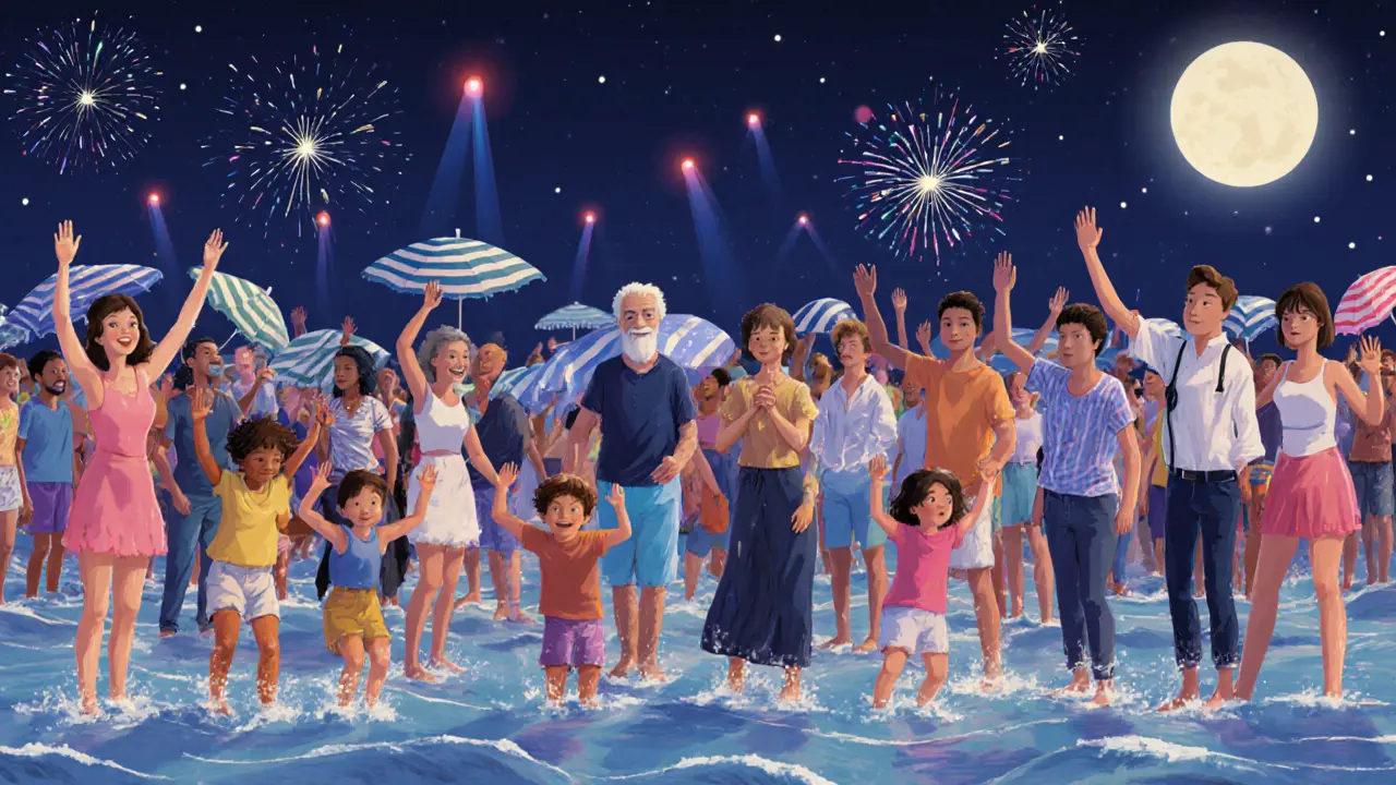 A silent crowd at midnight on the beach, lit by moonlight, as a DJ plays a single piano note and waves roll ashore.