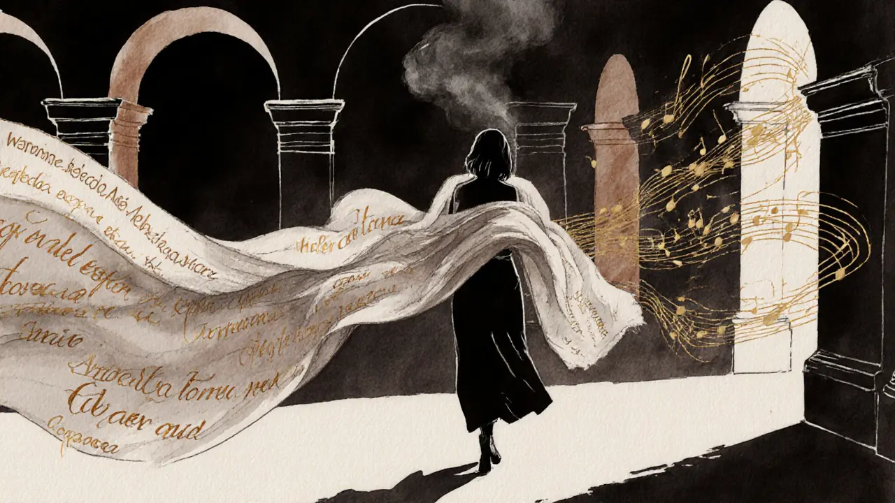 A silhouette dissolves into linen and steam, Roman arches and piano notes woven into the night, silence made visible.