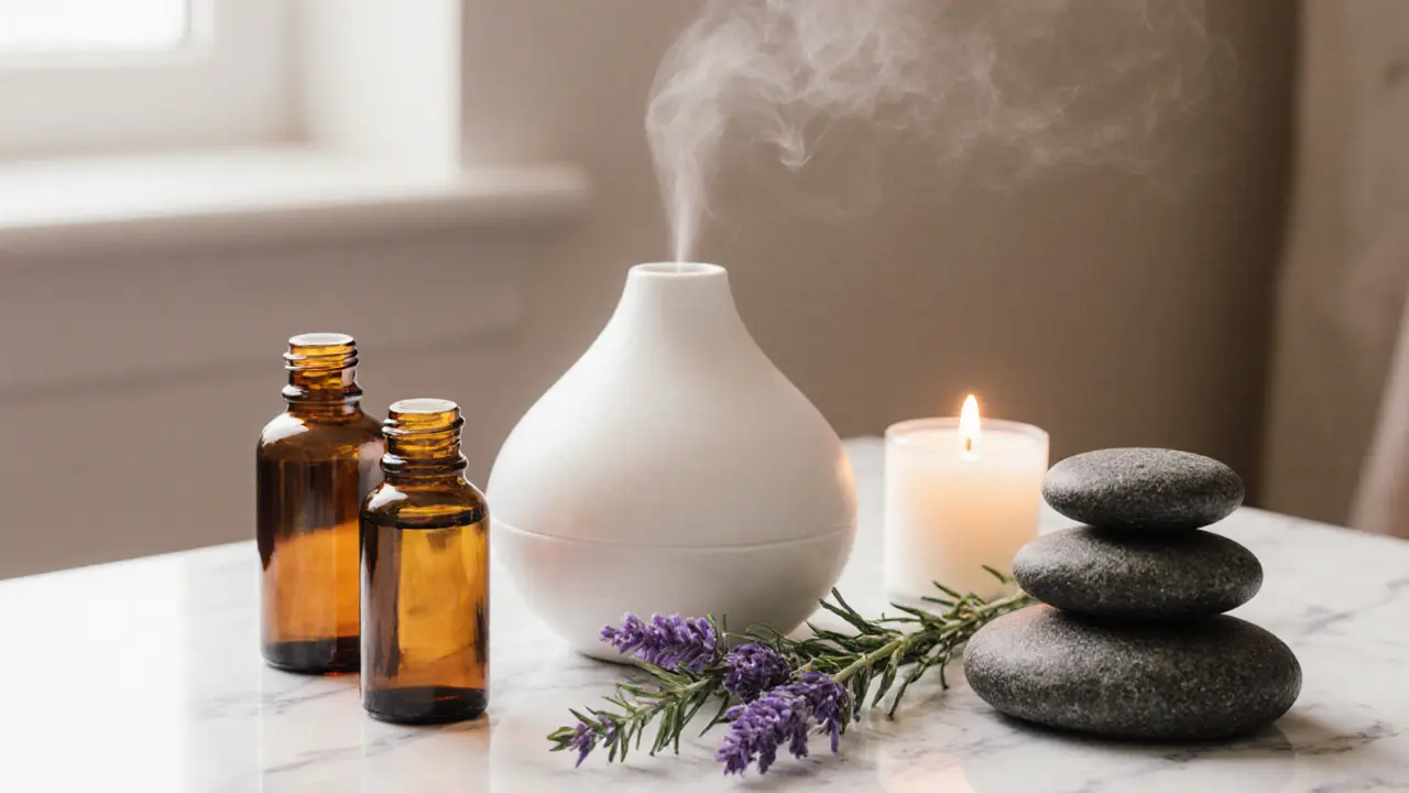 Aromatherapy tools and hot stones arranged on a marble table with gentle lighting.