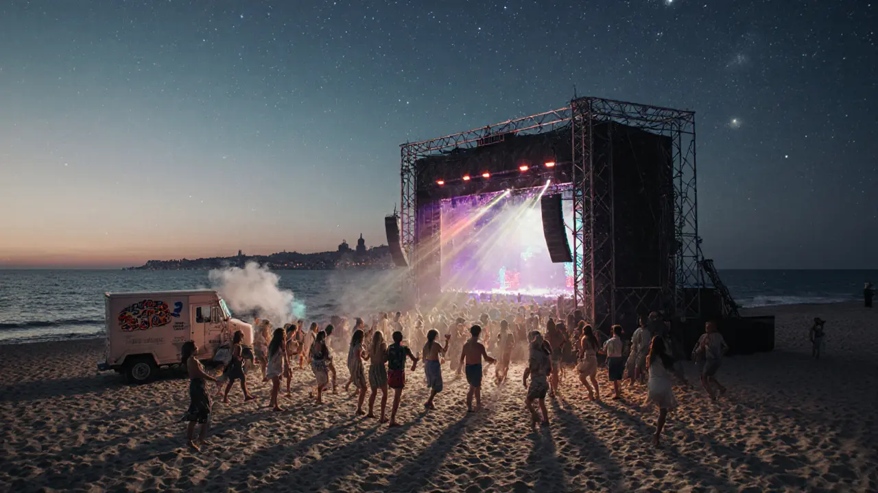 Beachside warehouse party at night with dancers, ocean backdrop, and neon lasers under stars.