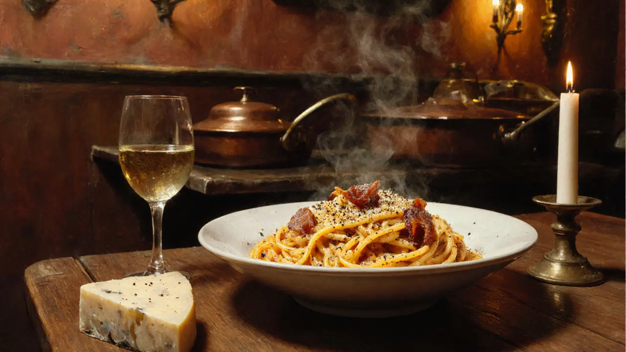 Close‑up of carbonara dish, wine glass, and candle on a wooden table in Roscioli.