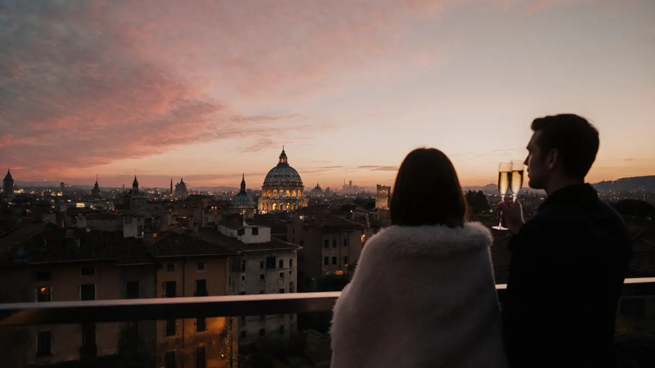 Couple sipping Prosecco on Gianicolo terrace with sunrise over Rome.