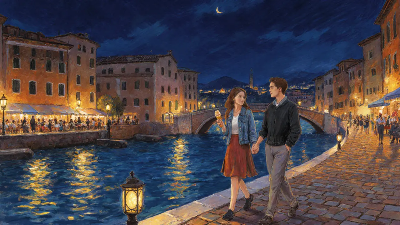 Couple walking by the Tiber after club, holding gelato under street lights.
