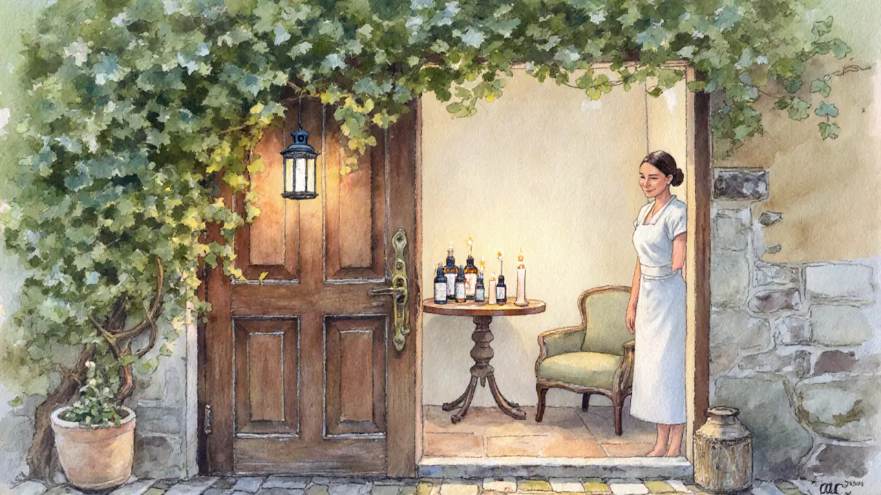 Cozy hidden spa entrance in Trastevere with ivy and warm interior light.