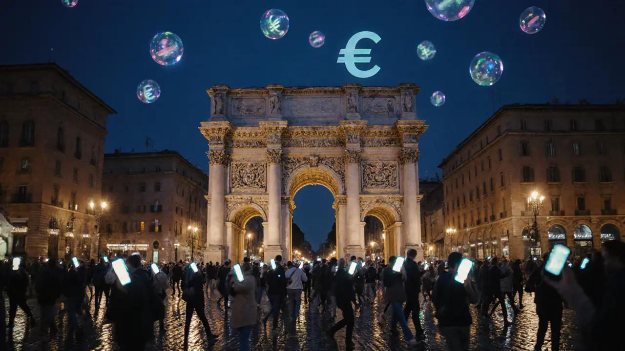 Crowd leaving Roman Lights at night, holding phones as glowing lights represent social buzz.