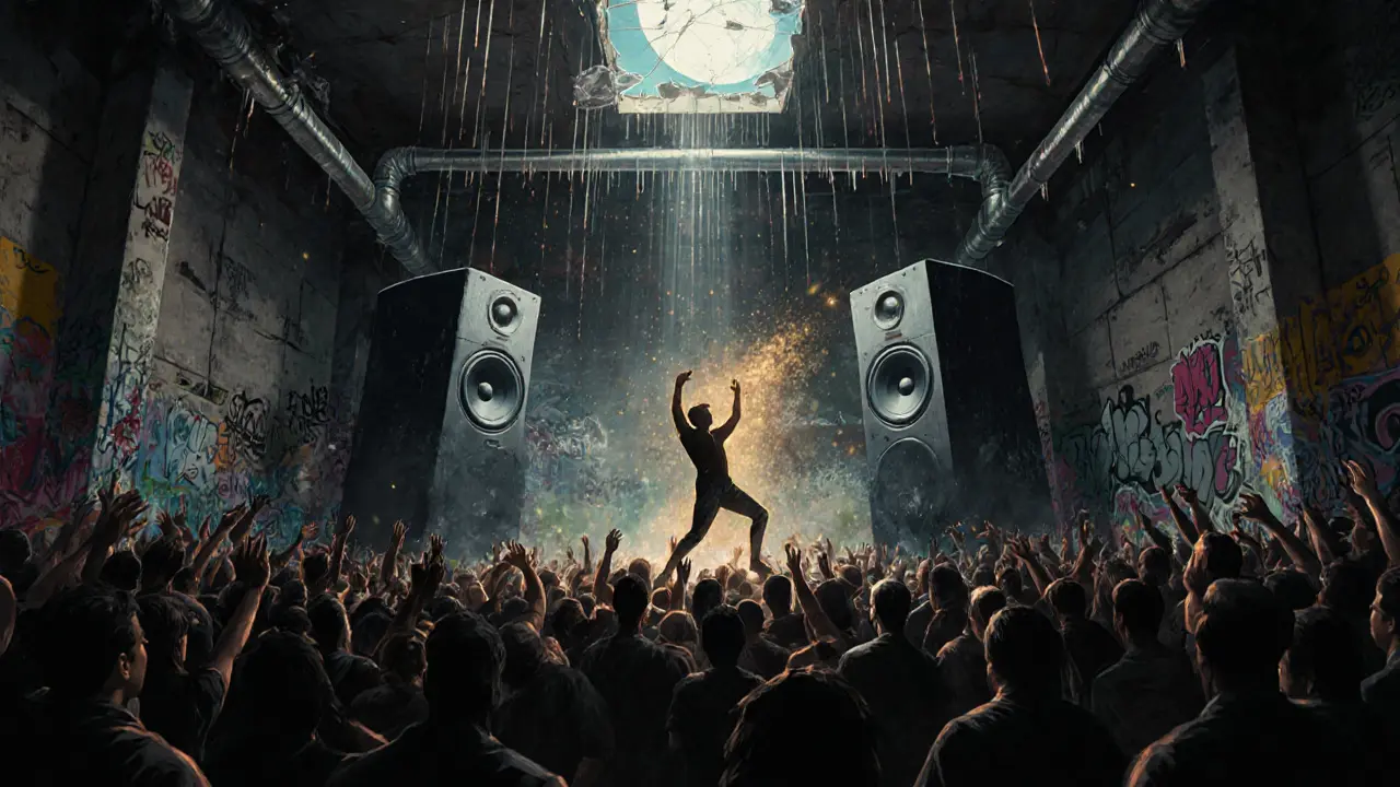 Crowd moving to music in an industrial warehouse rave under graffiti-covered ceilings