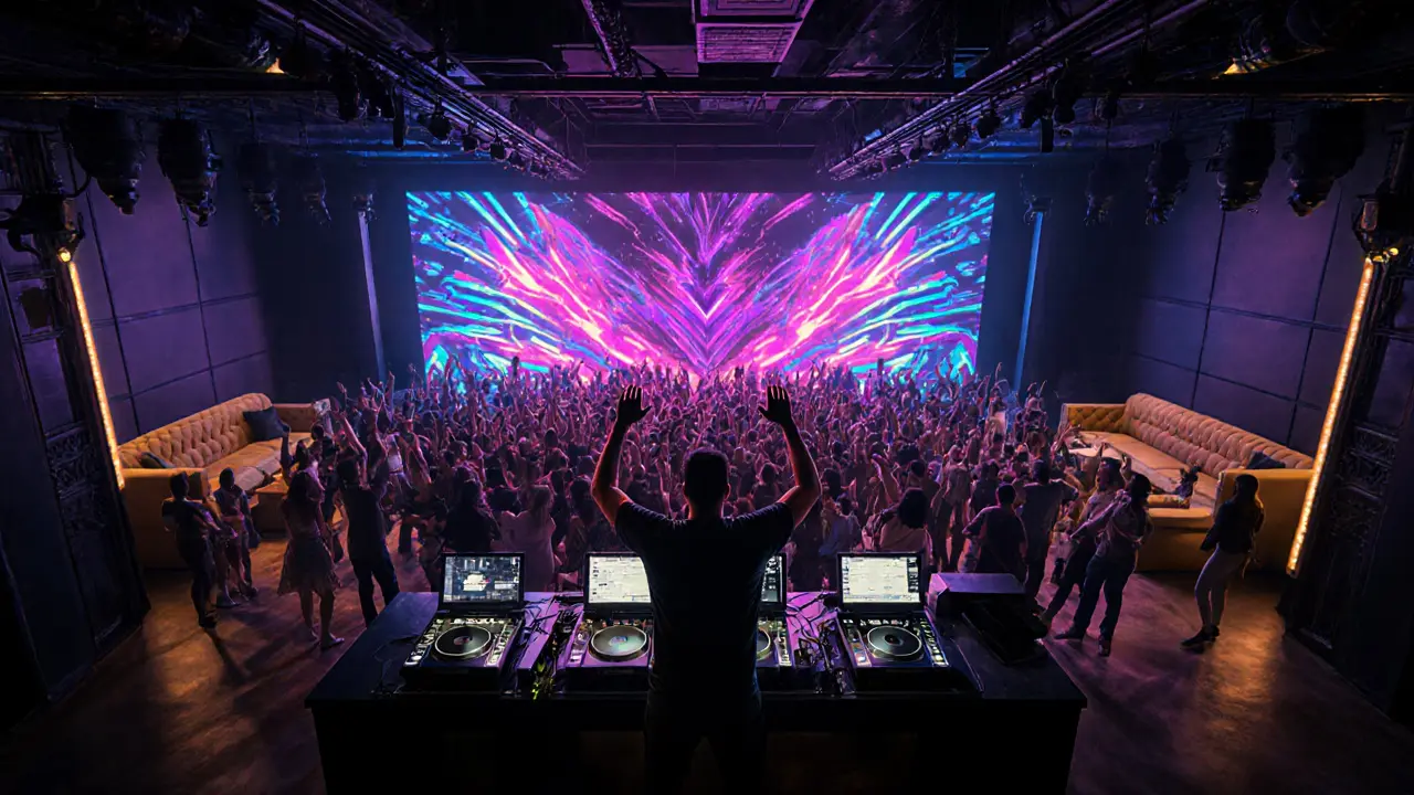 Crowded dance floor with LED walls, DJ spinning music during peak hours.