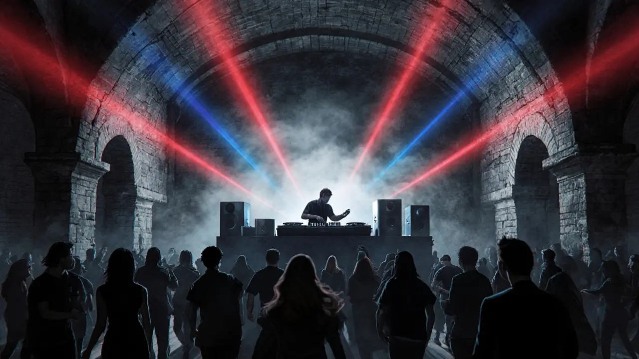 Dim industrial club interior with stone walls, DJ booth and dancing crowd.