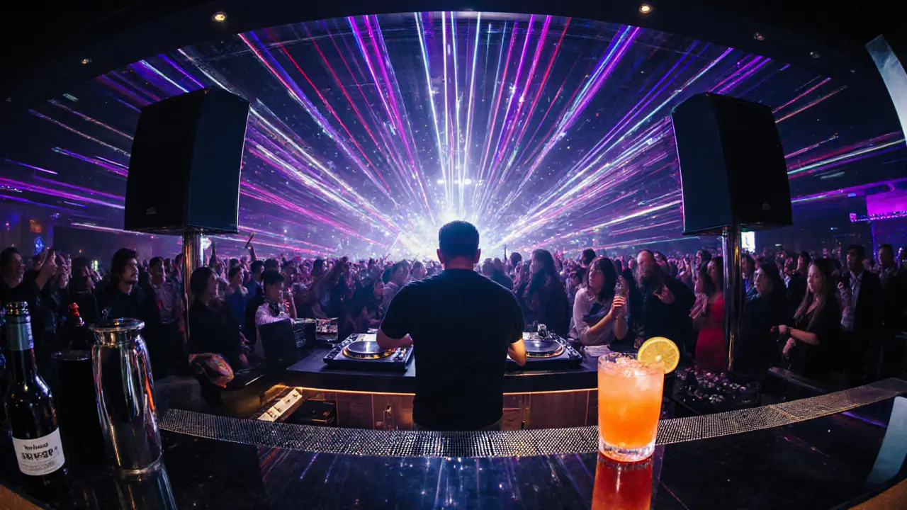DJ at turntables on a vibrant dance floor, bar serving orange Piper Punch cocktails.