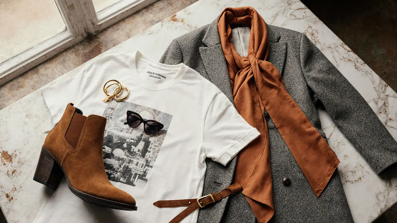 Flat‑lay of neutral clothing, terracotta accessories, and designer pieces on a marble surface.