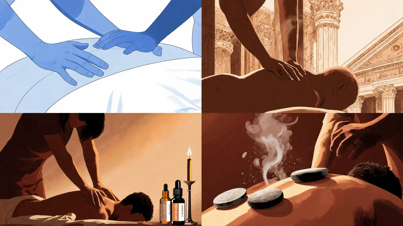 Four-panel illustration of Swedish, deep tissue, aromatherapy, and hot stone massages.