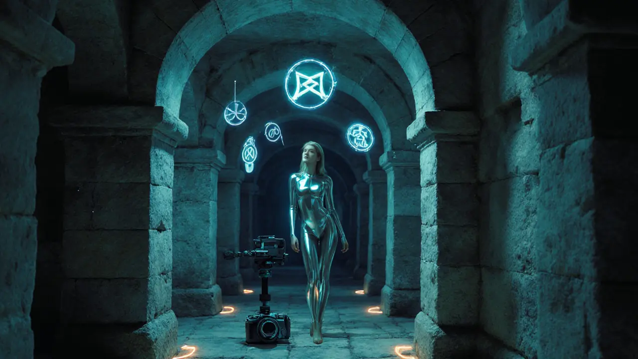 Futuristic VR shoot in Rome catacombs with Madelyn surrounded by glowing holograms.
