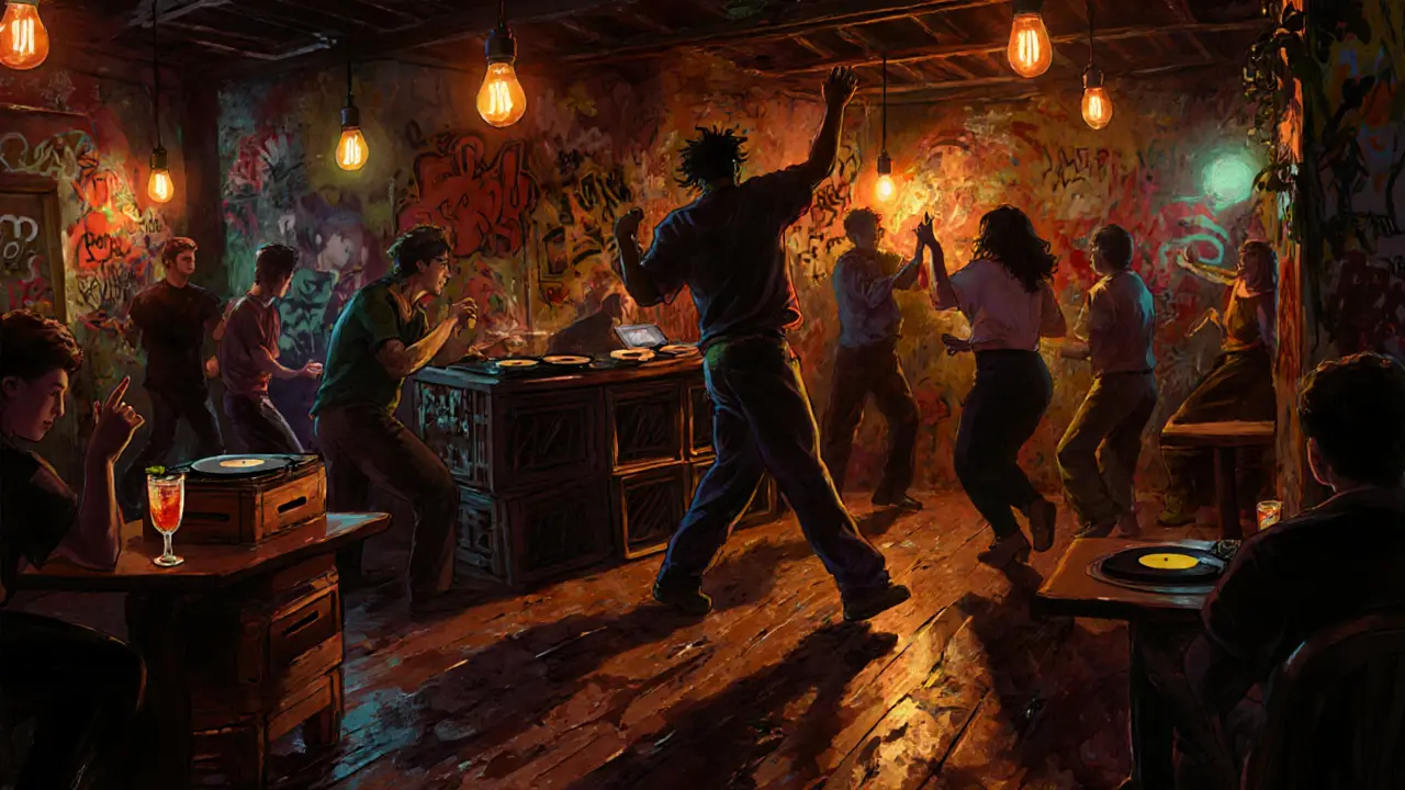 Graffiti-filled back room with people dancing to disco music under warm vintage lights.