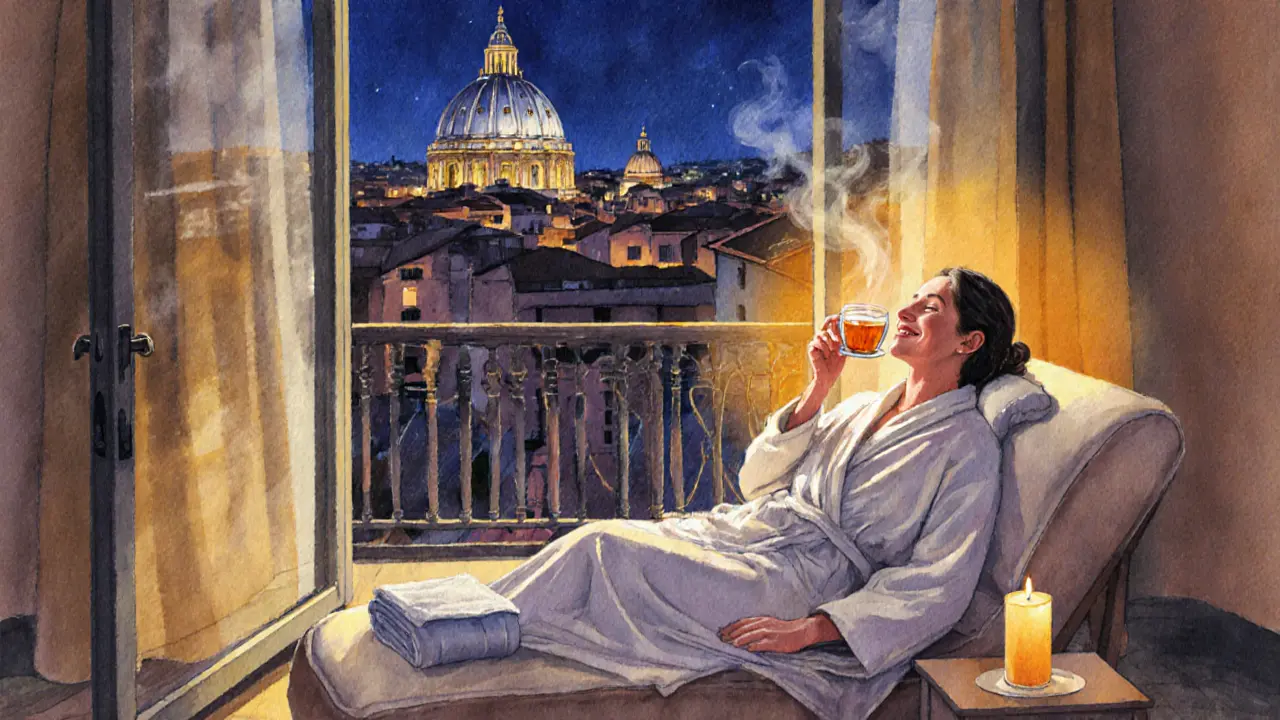 Guest relaxing after a massage, sipping tea with Rome's skyline at dusk.