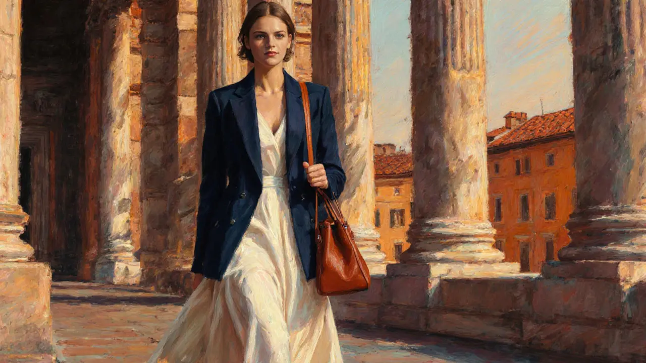 Illustrated model in a navy blazer and ivory dress walking before the Pantheon with terracotta tote.