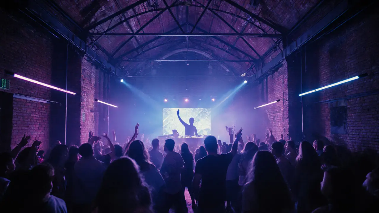 Inside Spazio 900, a DJ spins techno under pulsating neon lights with a dancing crowd.