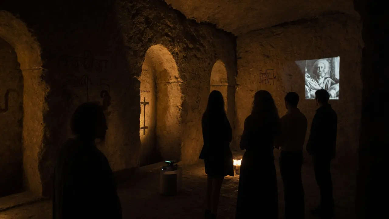 Inside the Catacombs, a projected film plays on stone while a guide and visitors watch.