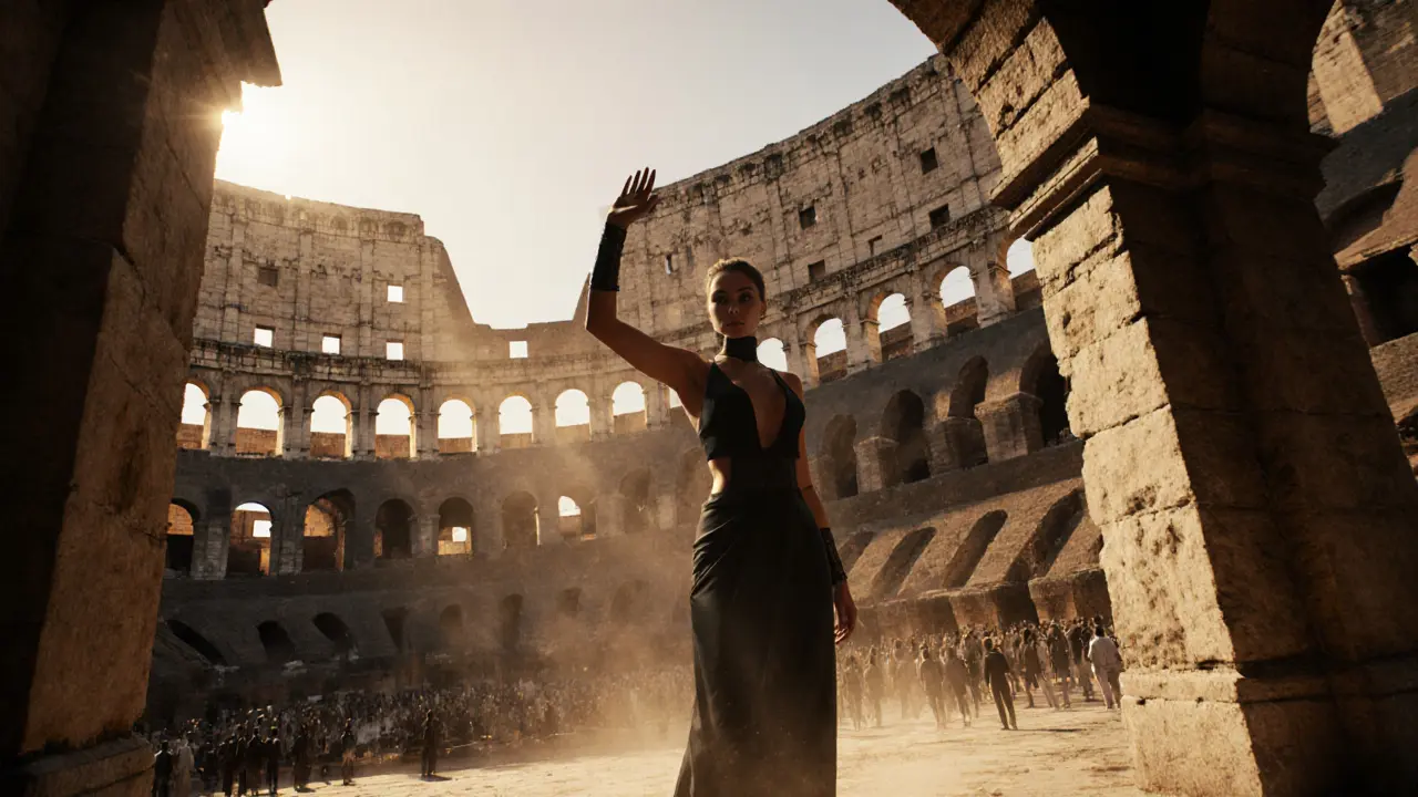Madelyn posed powerfully on the Colosseum arena floor during a dramatic sunset.