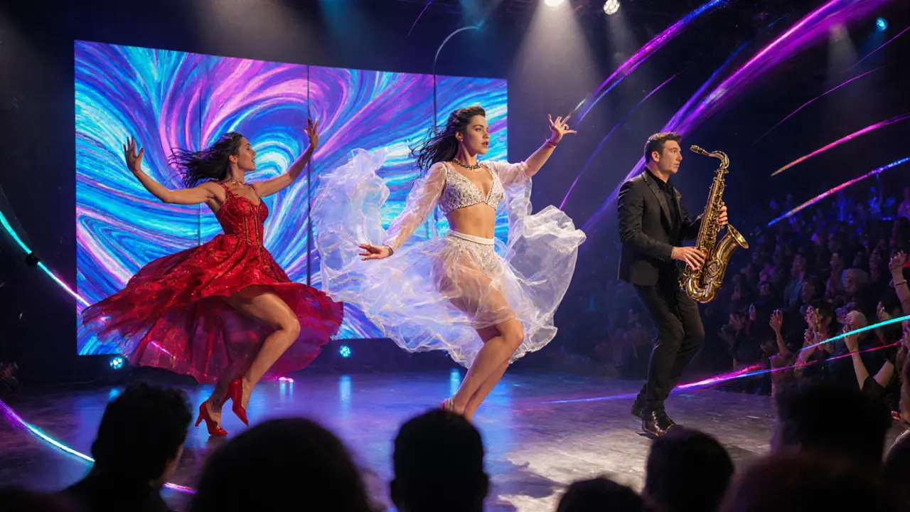 Malena dancing with Lucia Leone on stage, surrounded by a saxophonist and colorful lights.