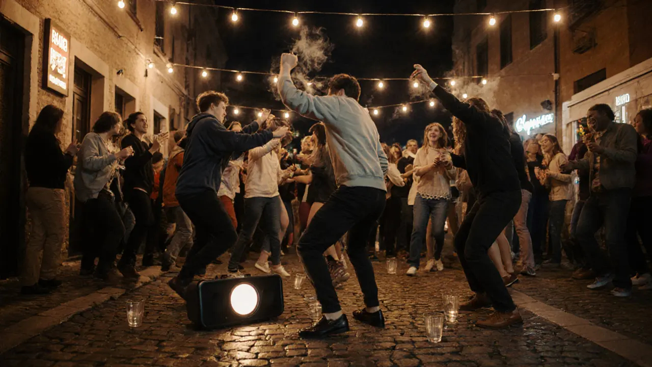 Mixed crowd dancing in a cozy backyard bar under string lights in San Lorenzo