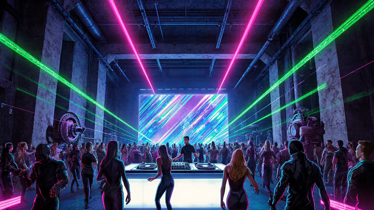 Neon‑lit interior of Lanificio 159 techno club with dancing crowd and DJ booth.