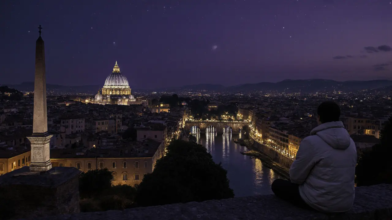 Panoramic view of Rome from Janiculum Hill at night, St. Peter’s dome glowing above the city lights.