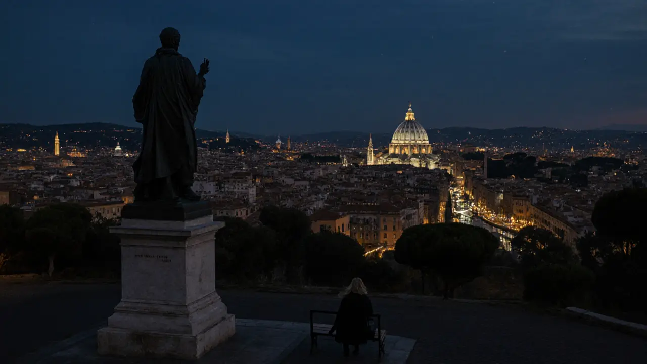 Panoramic view of Rome from Janiculum Hill at night, St. Peter’s dome glowing above the city.