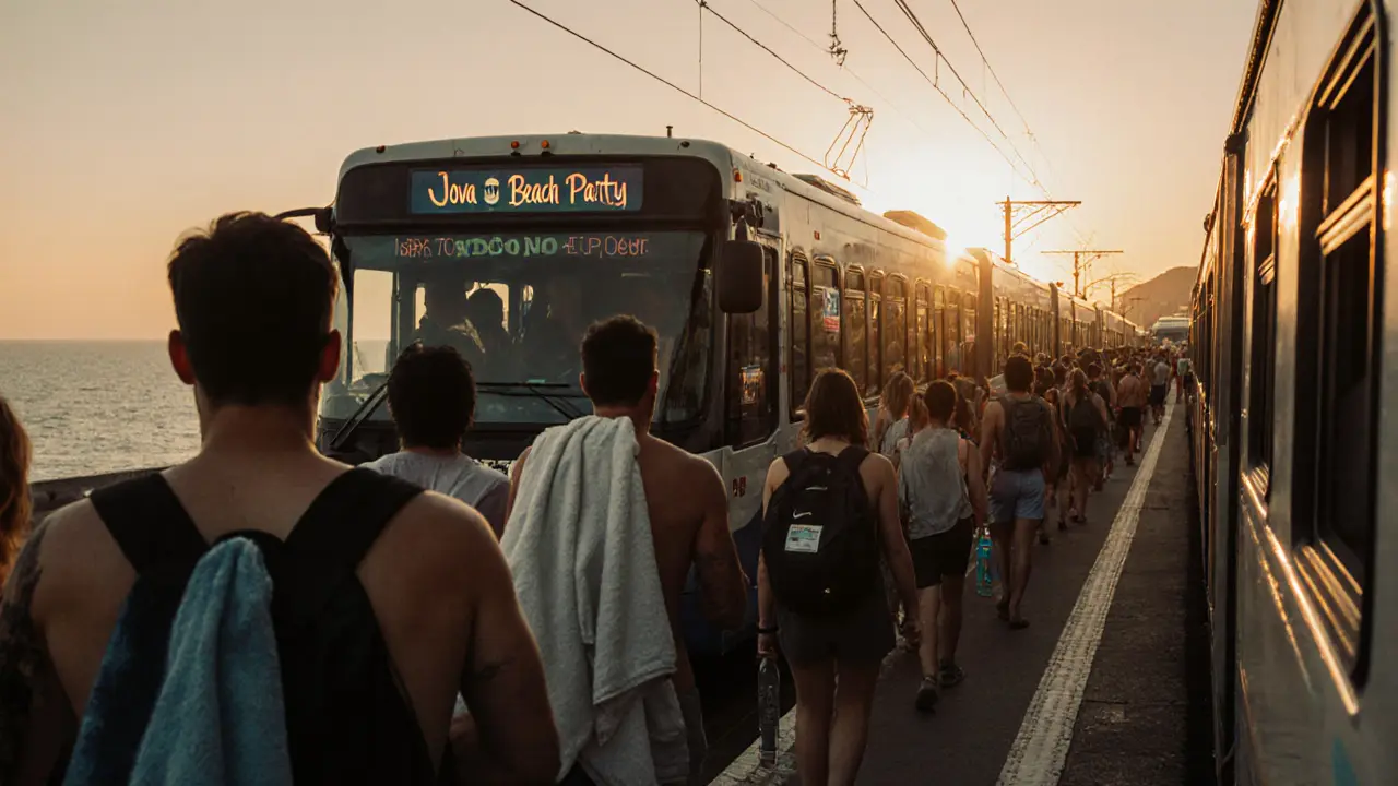 People arriving by train at dawn, carrying beach bags, boarding shuttles to the Jova Beach Party with the sea in the distance.
