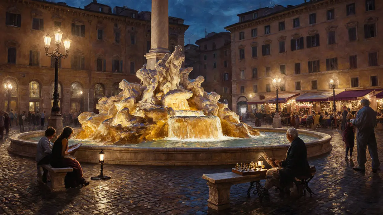 Piazza Navona at night with glowing fountain, couples and artists under lantern light.