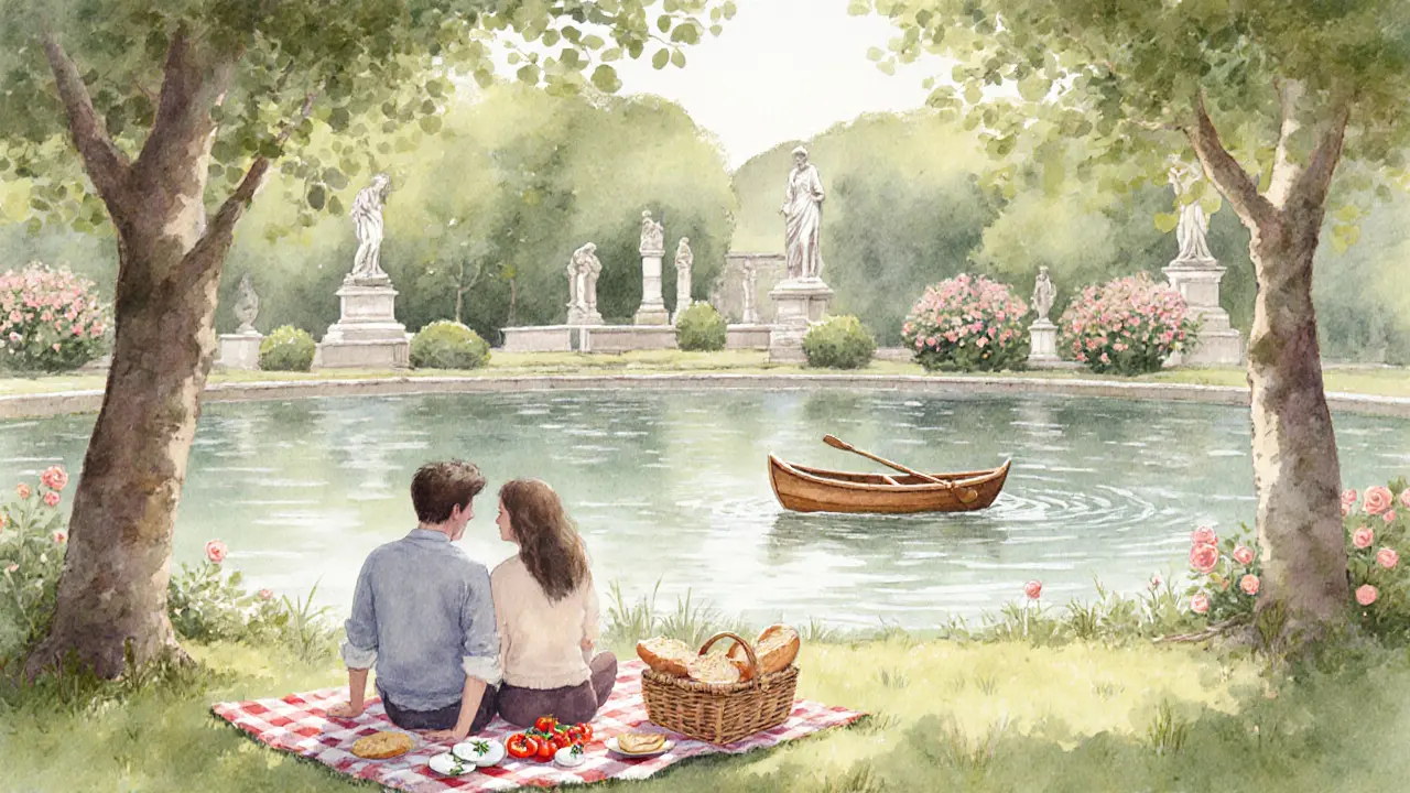 Picnic by lake in Villa Borghese with rowboat and sunshine.