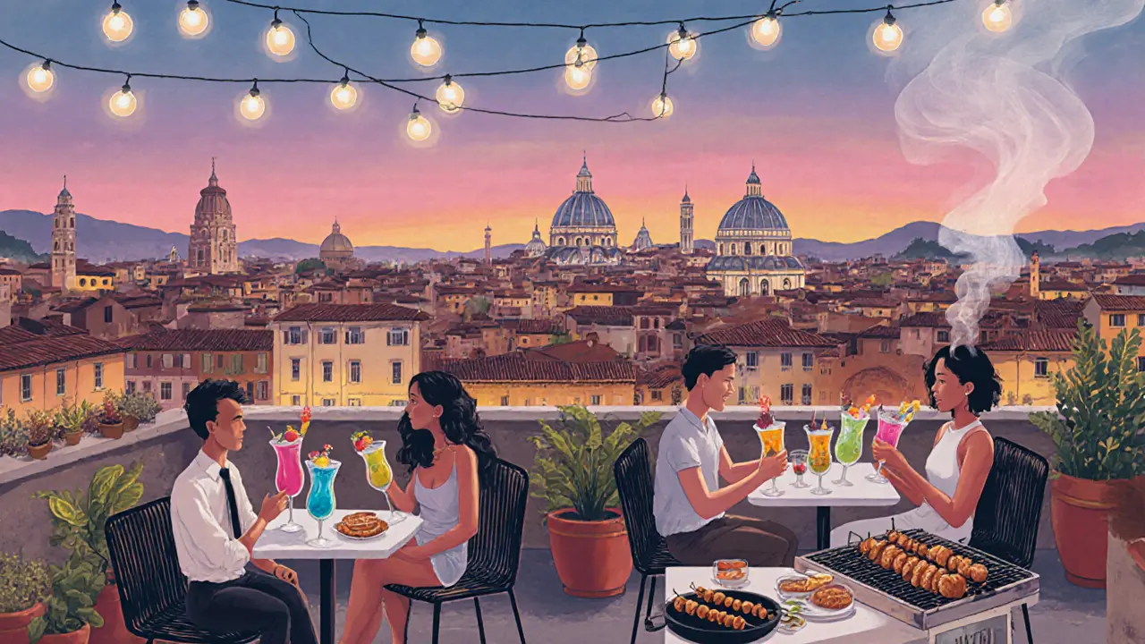 Rooftop bar at Shari Vari overlooking Rome’s skyline, guests sipping drinks before heading to a street‑food stall.