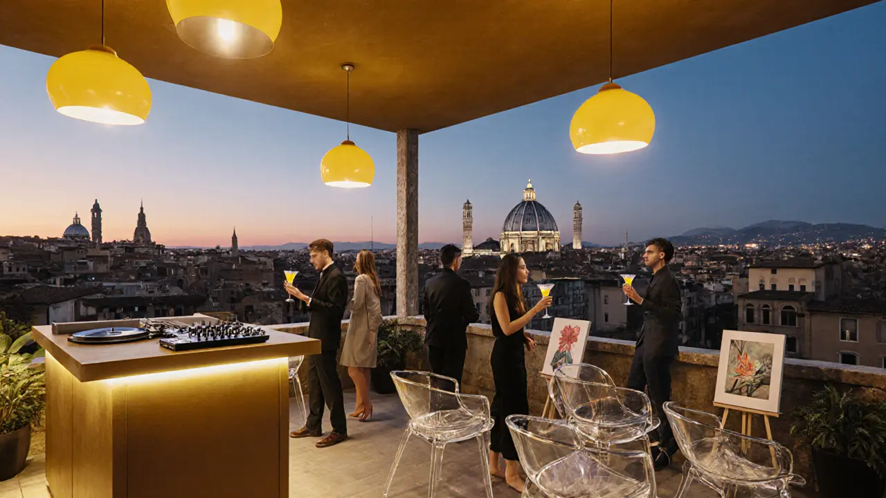 Rooftop extension of Yellow Bar at sunset with guests and city skyline.