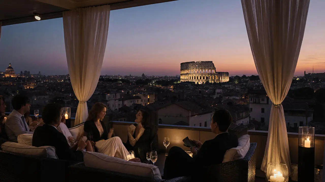Rooftop terrace at night with city skyline, including the Colosseum, and relaxed guests.