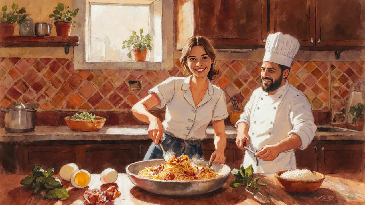 Sara Bell cooking carbonara with a chef in a Trastevere kitchen.