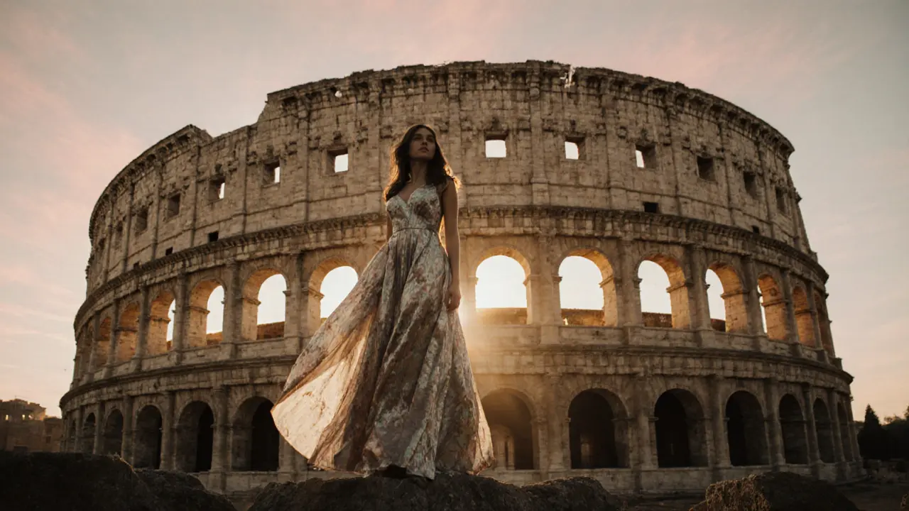 Sara Bell posing at sunrise in front of the Colosseum.