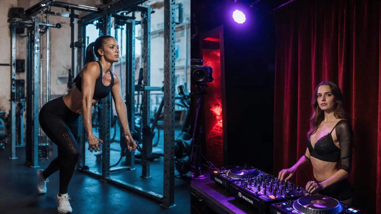 Selen doing a gym HIIT, filming in a studio, and DJing at Club Zeta, shown in split screen.