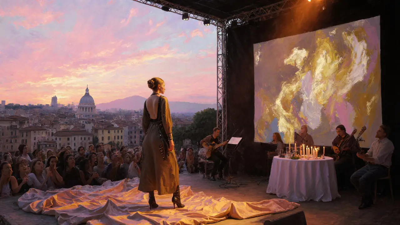 Selen performing at sunrise on Janiculum Hill during a festival, with crowd and candles.
