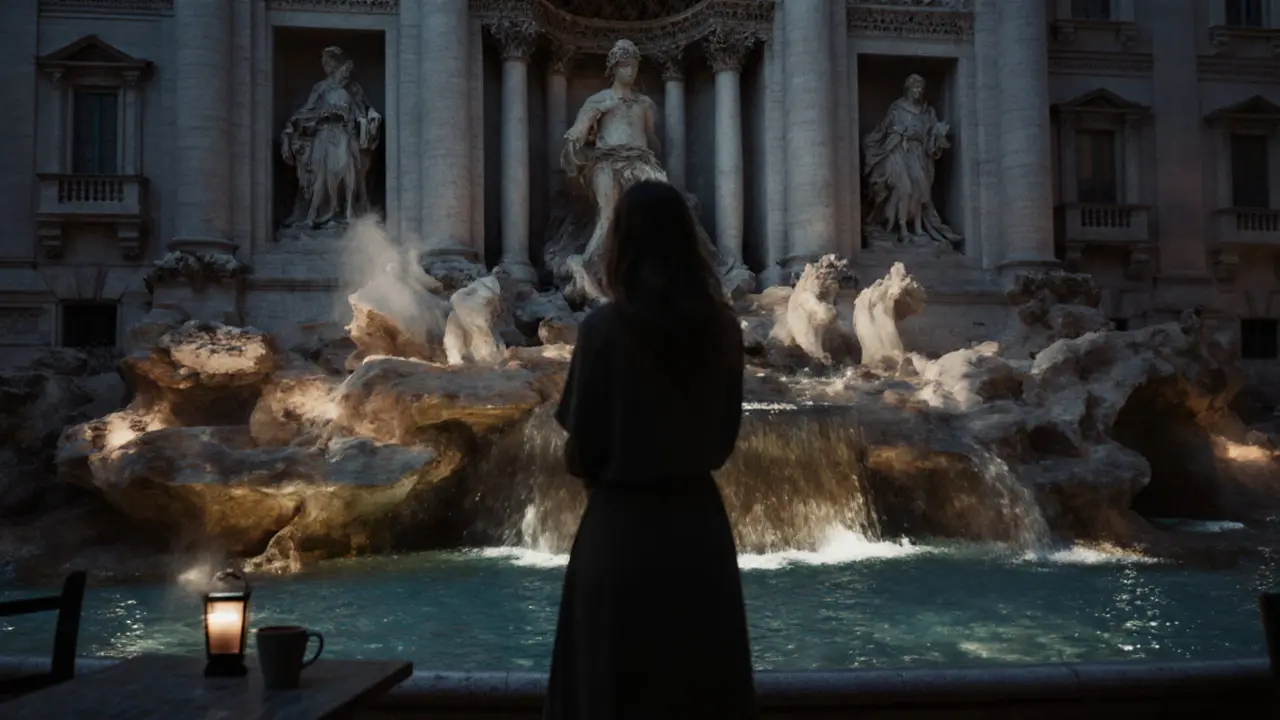Silhouetted figure stands before Trevi Fountain at twilight, steam rising from a café cup, no crowds in sight.