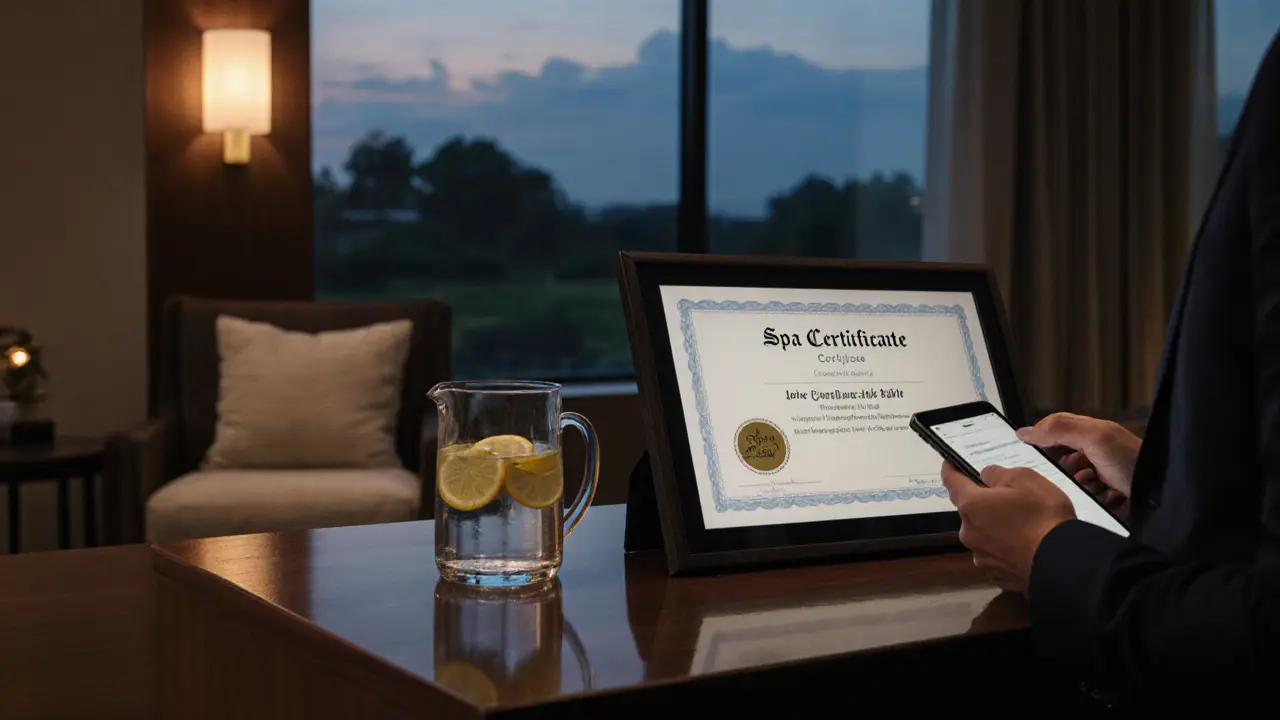 Spa reception showing a licensing certificate and digital compliance badge.