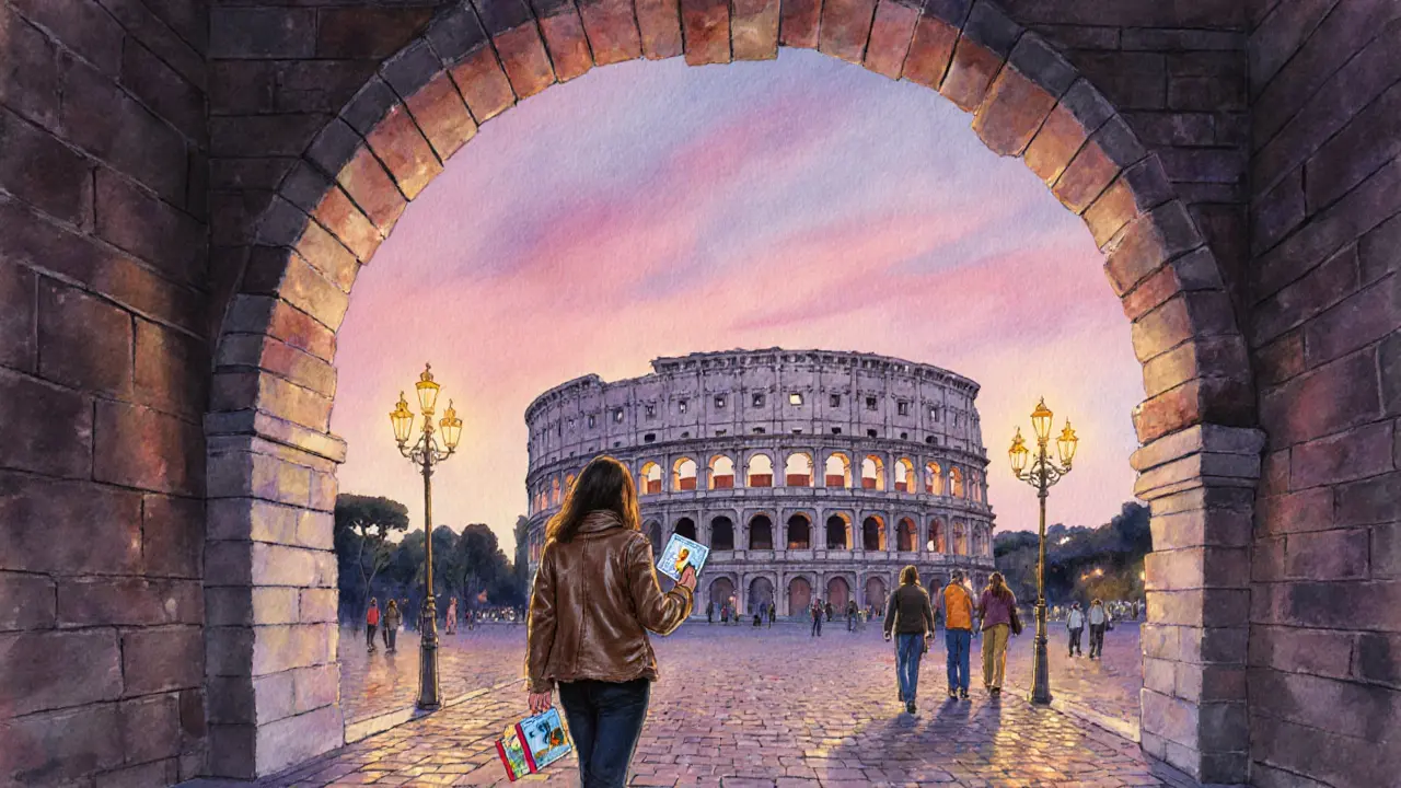 Tourists exit the underground near the Colosseum at dusk, holding souvenirs.