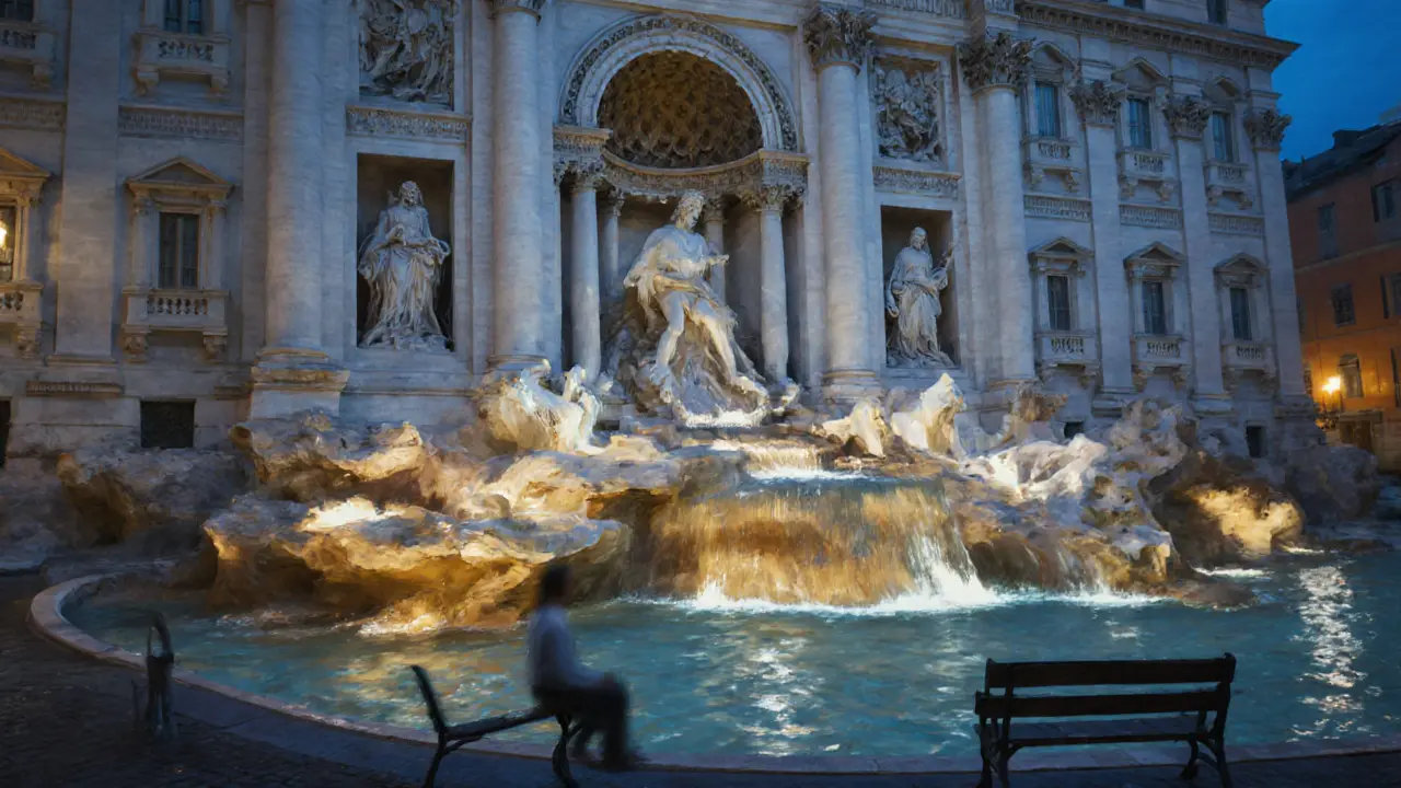 Trevi Fountain shimmering at night with reflections and statues illuminated in golden light.