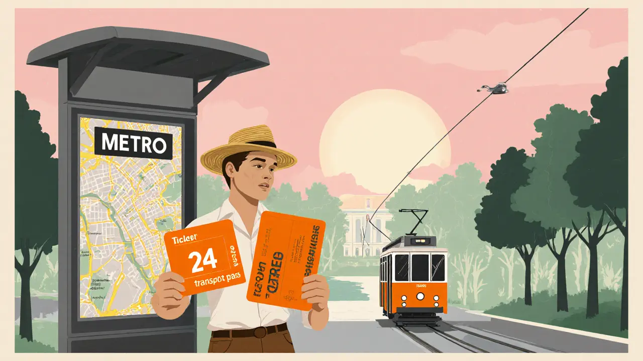 Vintage travel poster of traveler buying a metro pass near Villa Borghese at sunrise.