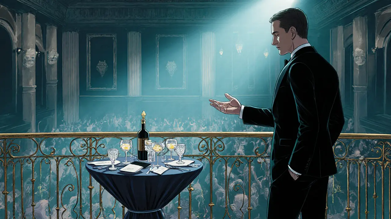VIP balcony with table, drinks, and host overlooking a dimmed dance floor.