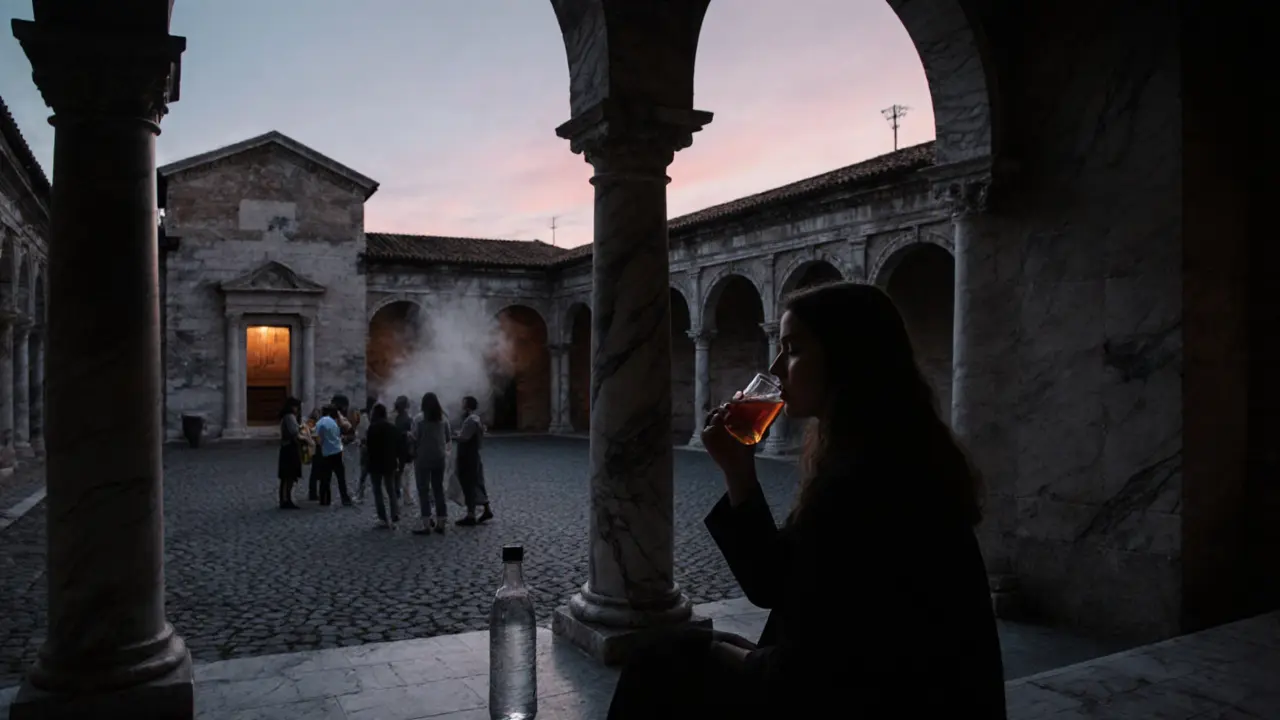 Visitor sipping tea in a Roman bath courtyard at dusk after a workshop.
