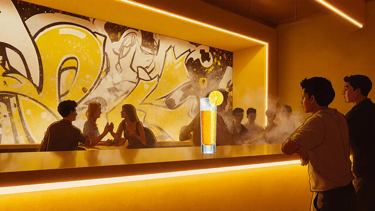 Warm interior of Yellow Bar with neon lights, mural, and a Yellow Sunrise cocktail.