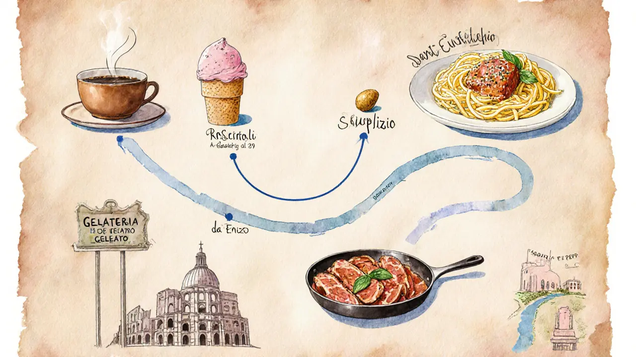 Watercolor map showing stops for espresso, carbonara, supplì, cacio e pepe, gelato, and saltimbocca.