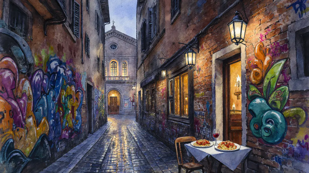 Watercolor of Trastevere cobblestone lane, street art, and trattoria at dusk.