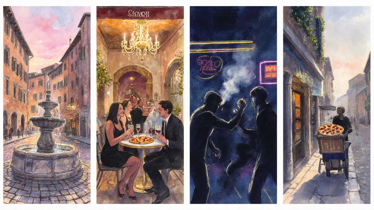 Watercolor series showing a night in Rome from Trastevere aperitivo to pizza at dawn.