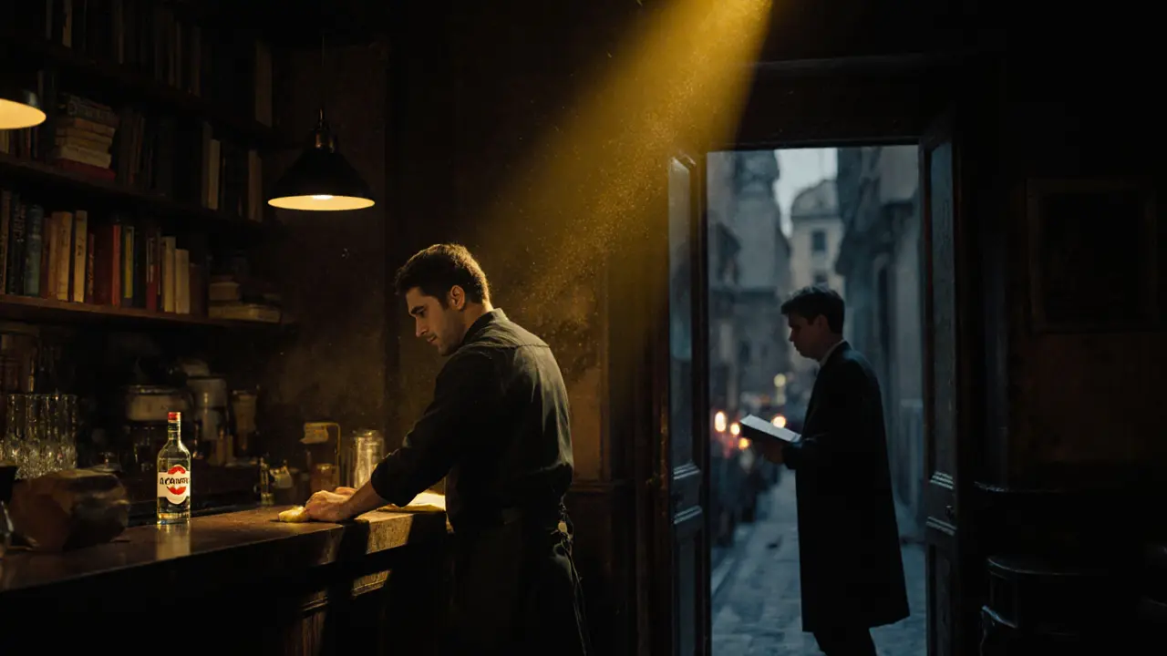 A bartender at closing time, a new guest hesitating at the door, surrounded by books and soft golden light.